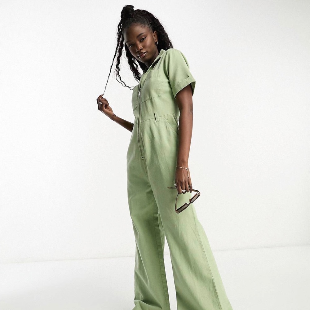 ASOS DESIGN twill collared jumpsuit with wide leg in sage